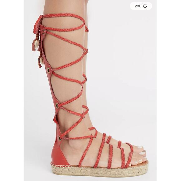 FREE PEOPLE Red Braided Leather Bondi Tall Gladiator Espadrilles Sandals - Picture 3 of 16